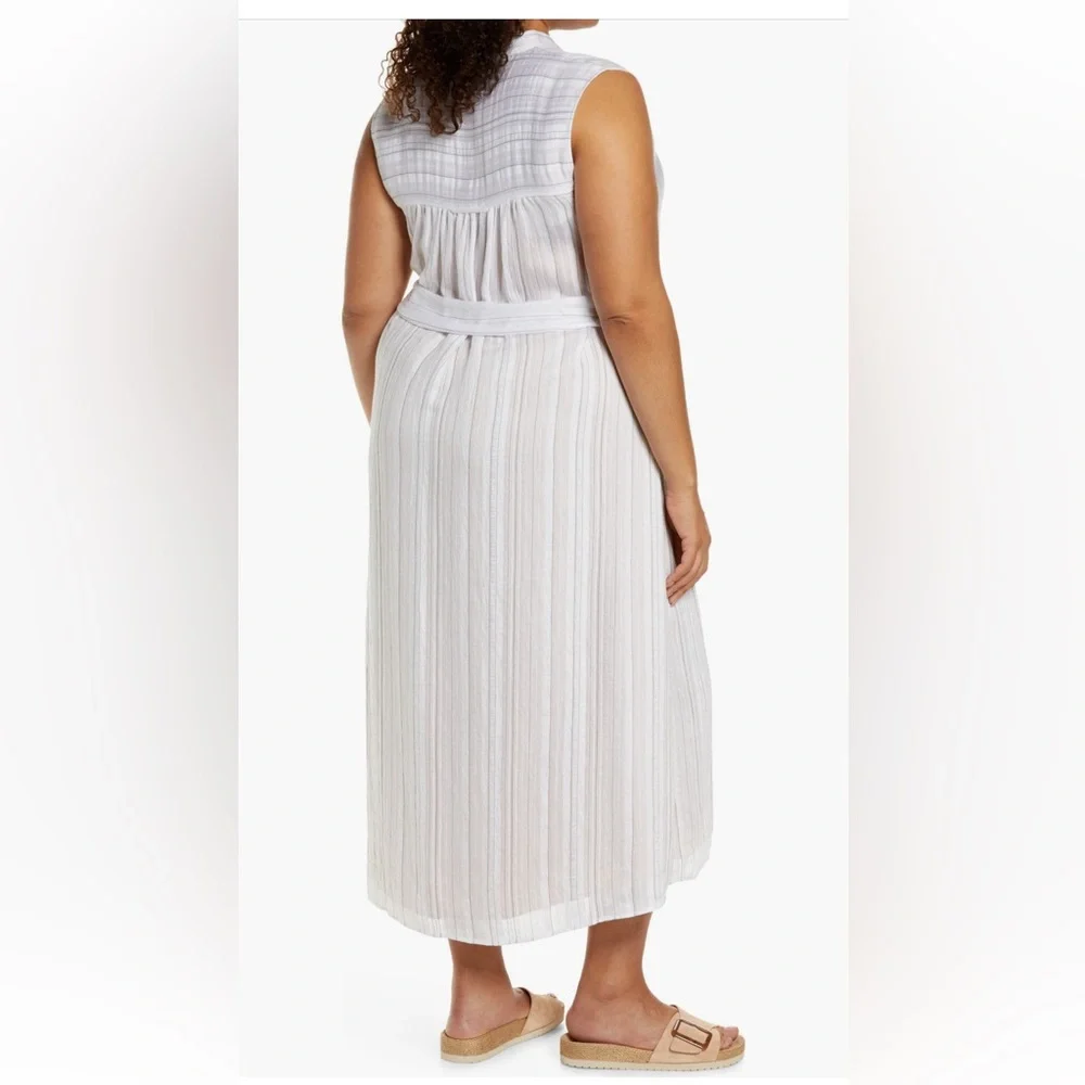 Vince Stripe Sleeveless Shirtdress tie waise shirt dress midi maxi white XXL NWT